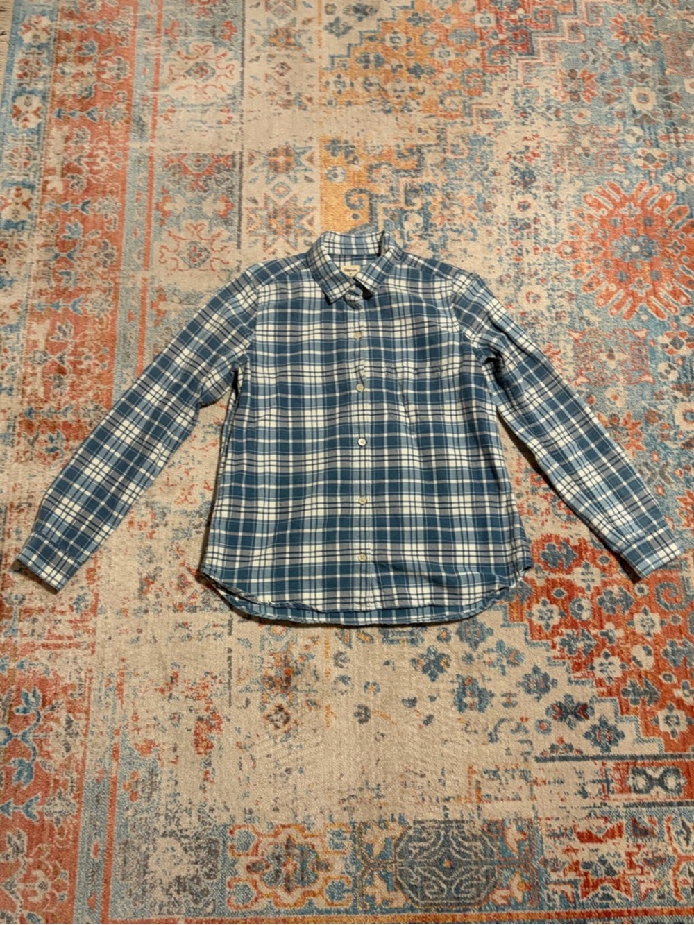 GAP Boy Fit Blue and White Plaid Button-Down Shirt 100% cotton